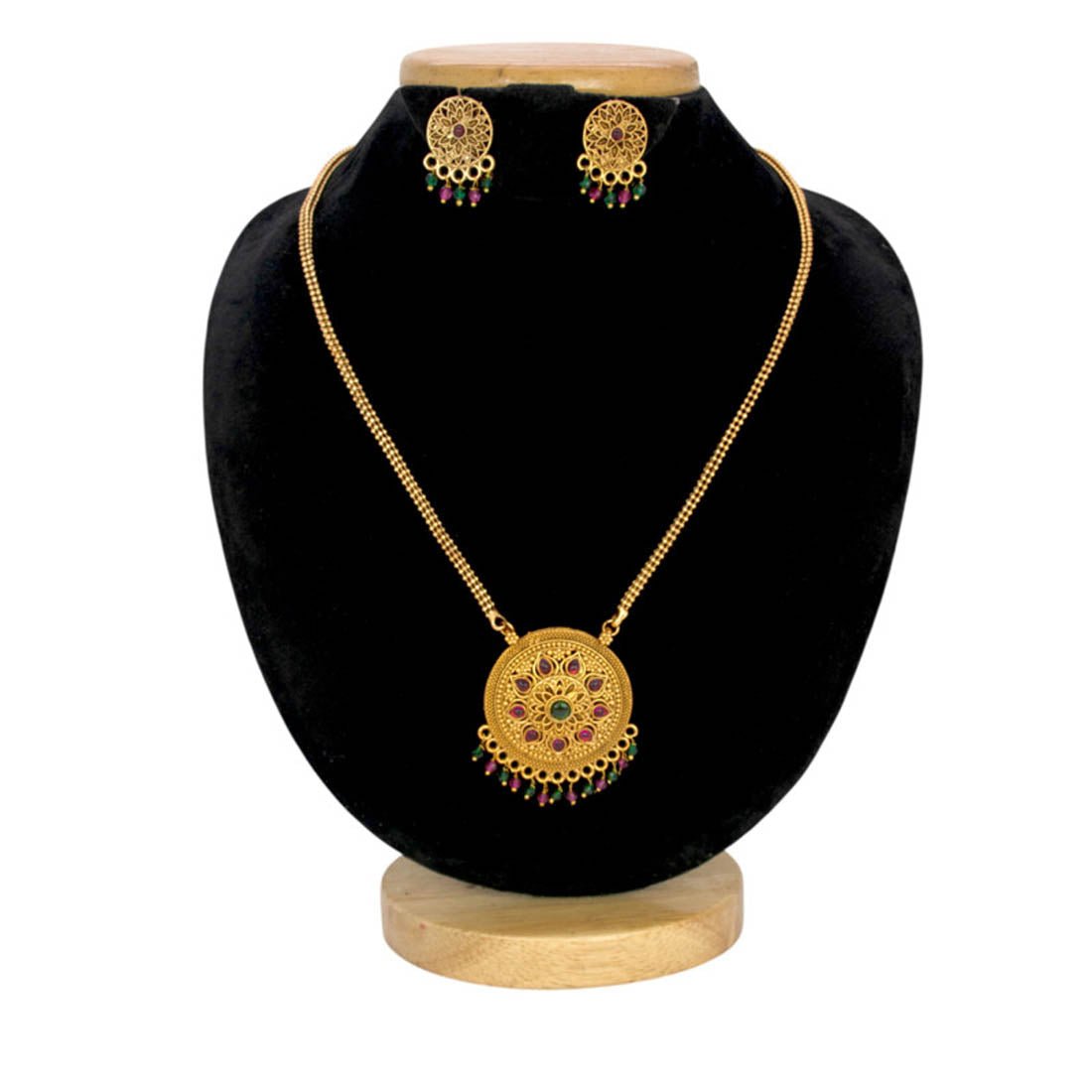 Antique Gold Plated Floral Stone Pendant Necklace Set - K Supreme