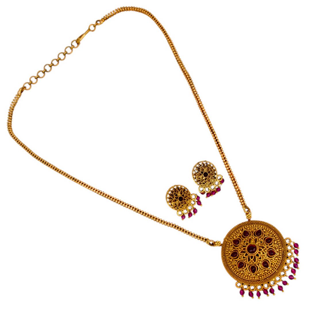 Antique Gold Plated Floral Stone Pendant Necklace Set - K Supreme