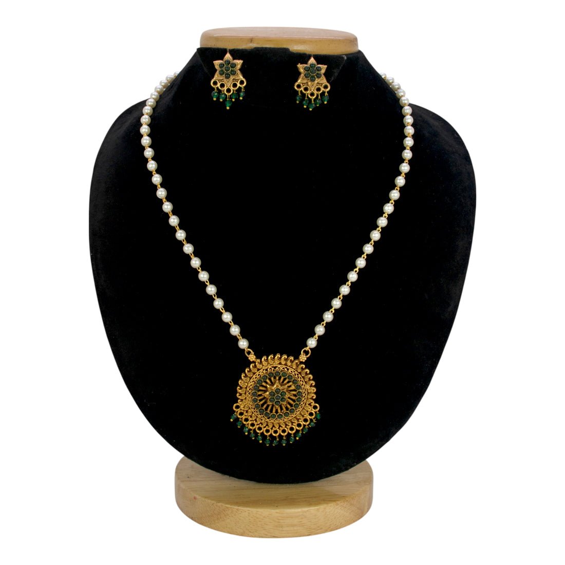 Antique Gold Plated Kemp Pendant Pearl Necklace Set - K Supreme