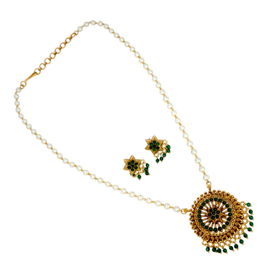 Antique Gold Plated Kemp Pendant Pearl Necklace Set - K Supreme