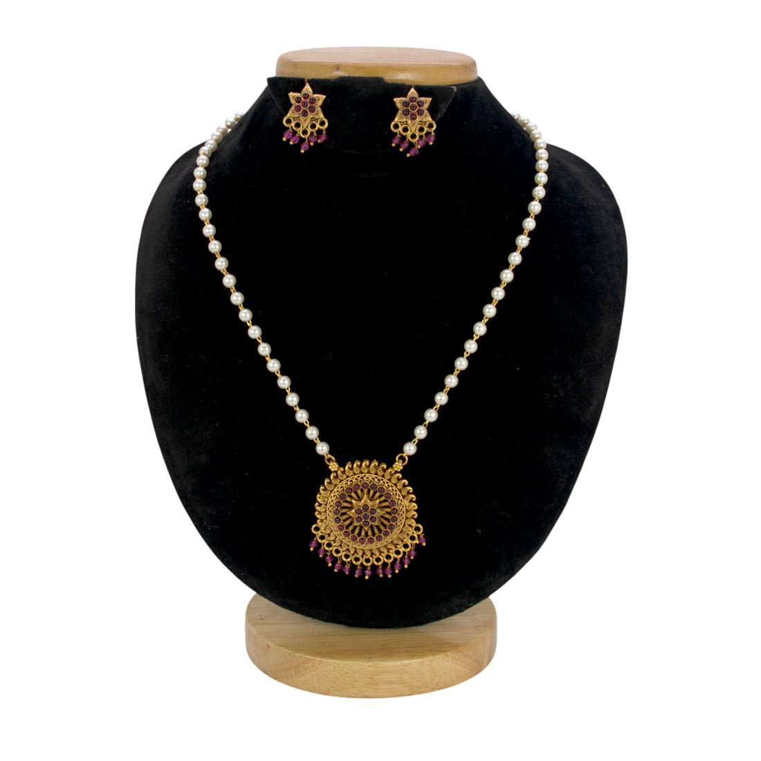 Antique Gold Plated Kemp Pendant Pearl Necklace Set - K Supreme