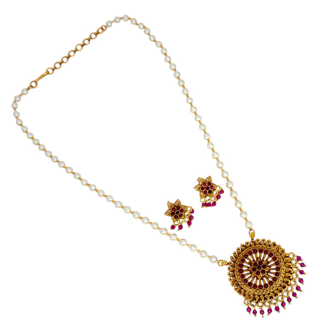 Antique Gold Plated Kemp Pendant Pearl Necklace Set - K Supreme