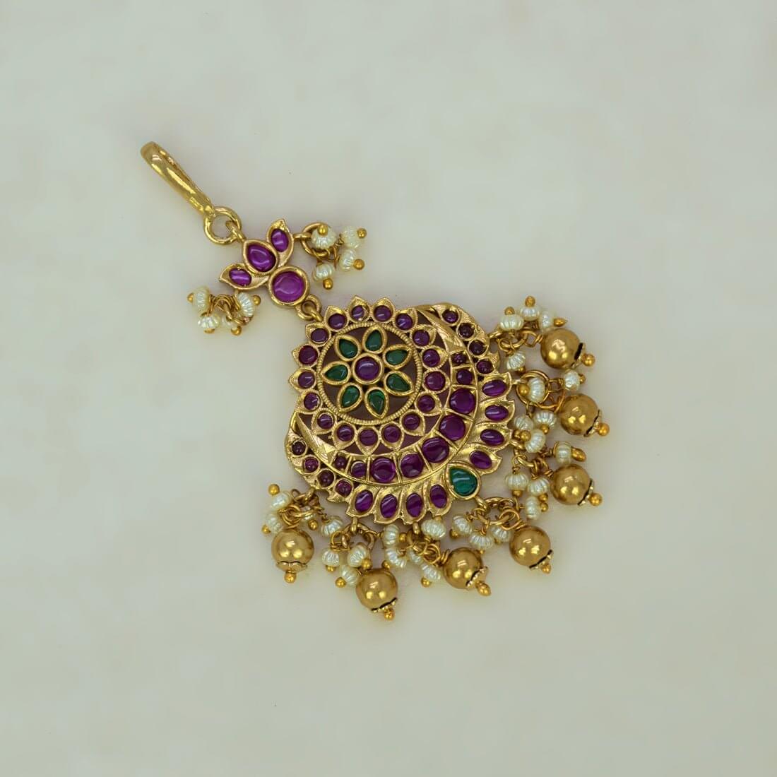 Antique Gold Ruby Emerald Stone Bridal Maang Tikka - K Supreme