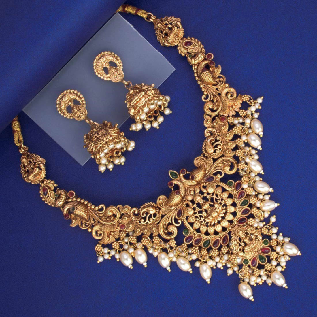 ആന്റിക് പീകോക്ക് ലക്ഷ്മി കെമ്പ് പേൾ ബ്രോഡ് ചോക്കർ സെറ്റ് 