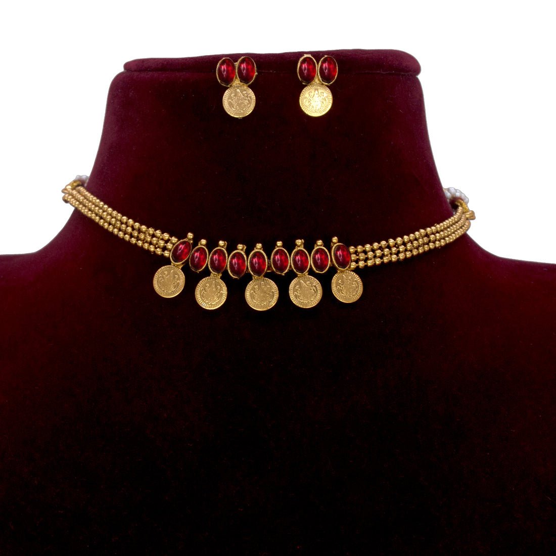 Antique Triple Layer Stone Lakshmi Kashu Necklace Set - KSupreme