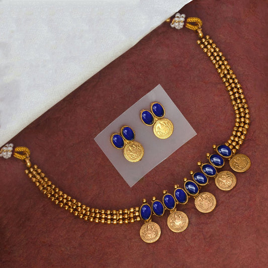 Antique Triple Layer Stone Lakshmi Kashu Necklace Set - KSupreme