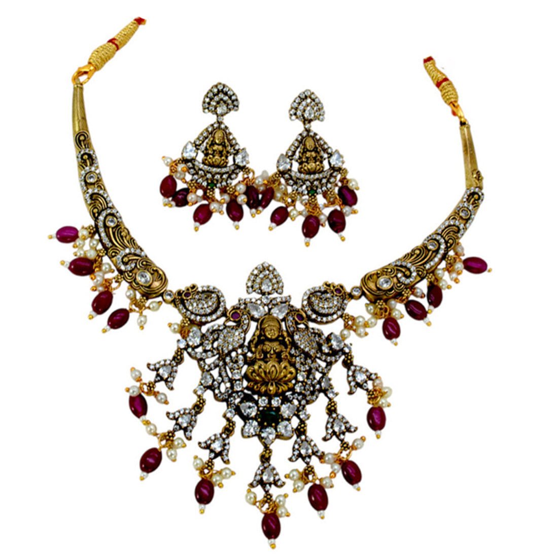 Antique Victorian Style Lakshmi CZ Stone Hasli Necklace Set - KSupreme