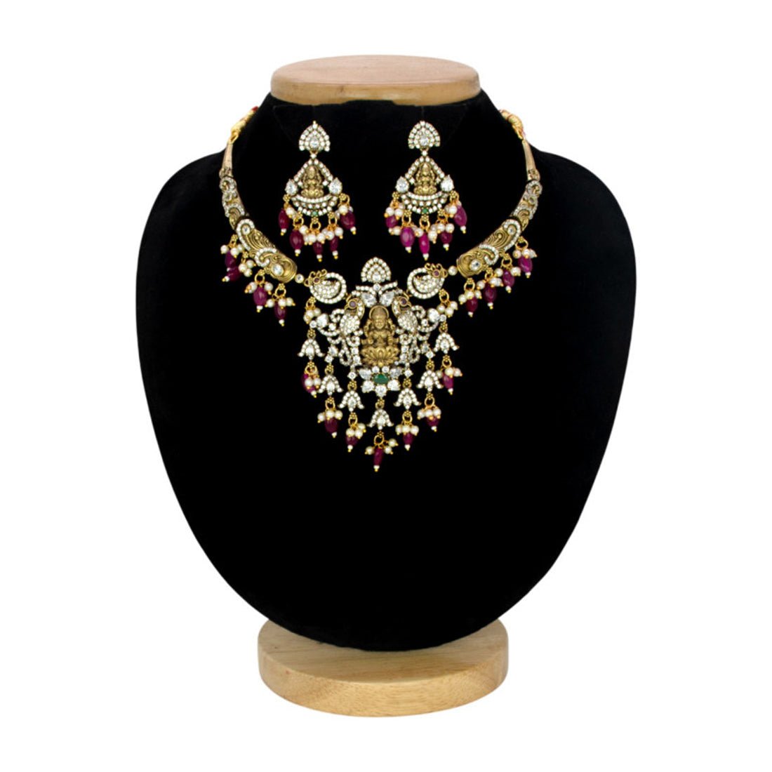 Antique Victorian Style Lakshmi CZ Stone Hasli Necklace Set - KSupreme