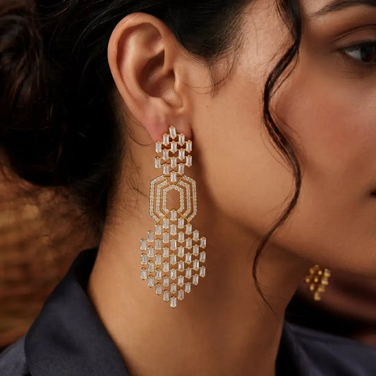 Beautiful Big Cz Baguette Cut Stone Barfi Drop Earrings