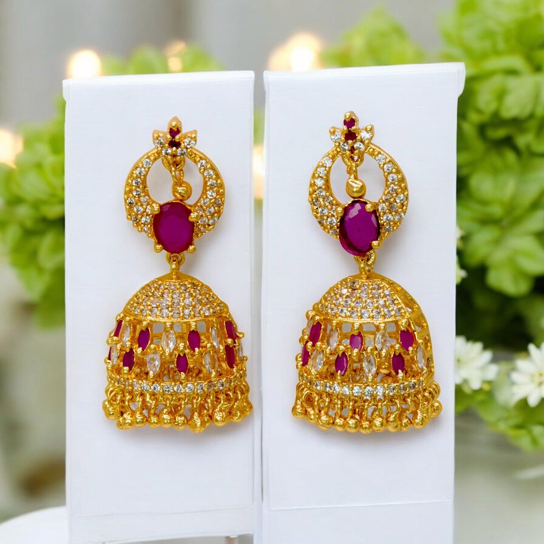 Charming Premium Fashion AD Ruby Jhumka/Jimikki Earrings - K Supreme