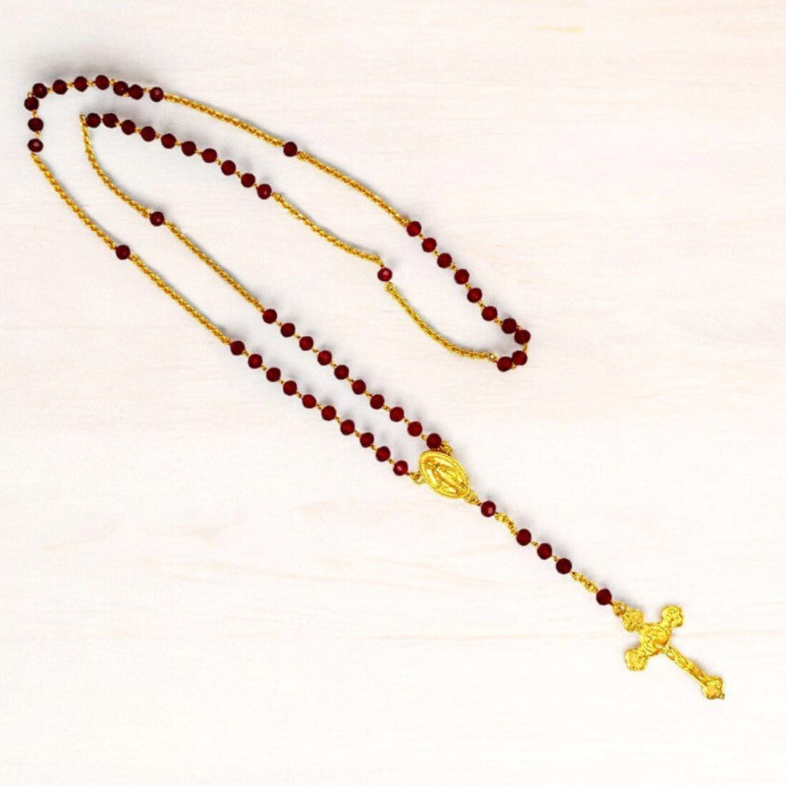Christian Red Beads Gold Plated Rosary Chain - K Supreme