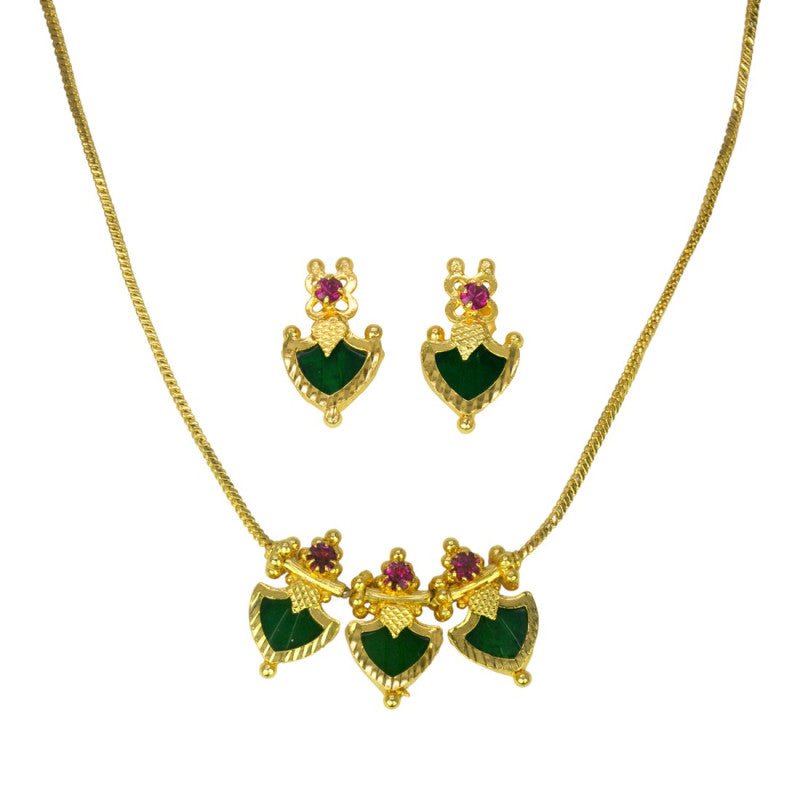Classic Gold Plated Green Triple Palakka Pendant Necklace - K Supreme