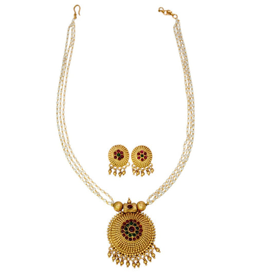Classy Kemp Stone Pendant Triple Layer Pearl Chain Set - KSupreme