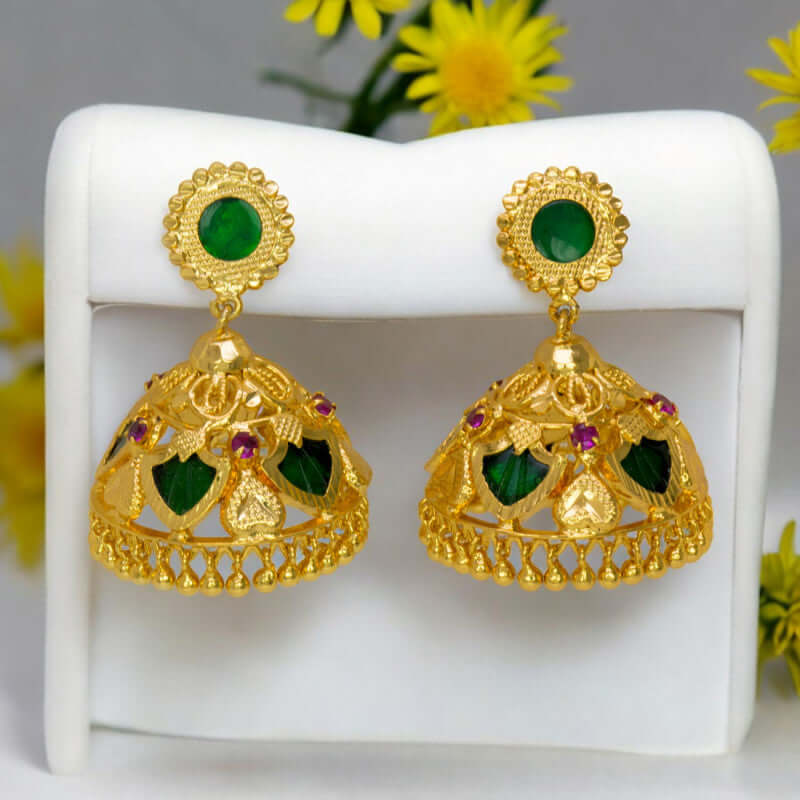 Classy Premium Gold Plated Green Palakka Jhumkas - K Supreme