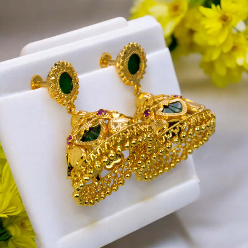 Classy Premium Gold Plated Green Palakka Jhumkas - K Supreme