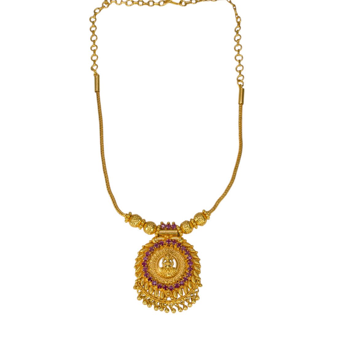 Contemporary Gold Plated Ruby Stones Lakshmi Pendant Necklace - K Supreme