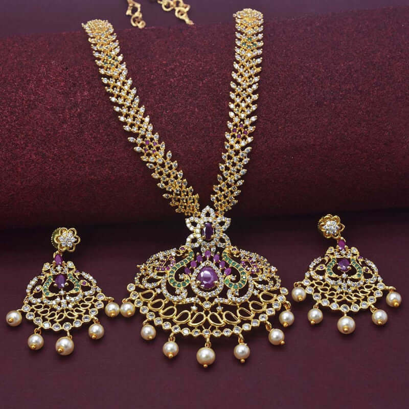Dainty Premium Gold Plated CZ Ruby Emerald Long Necklace Set - K Supreme