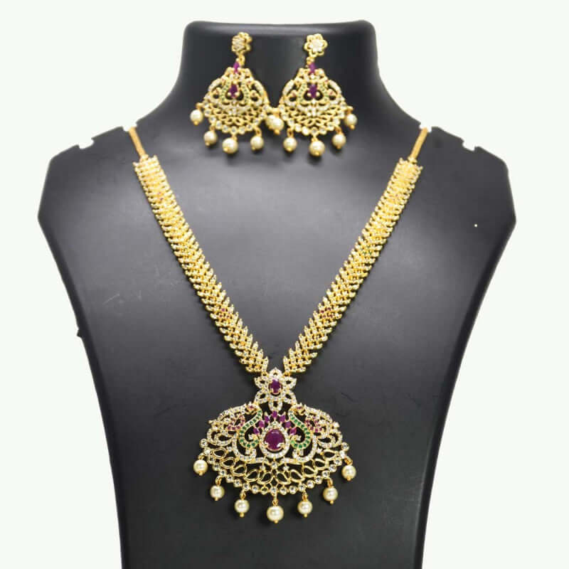 Dainty Premium Gold Plated CZ Ruby Emerald Long Necklace Set - K Supreme
