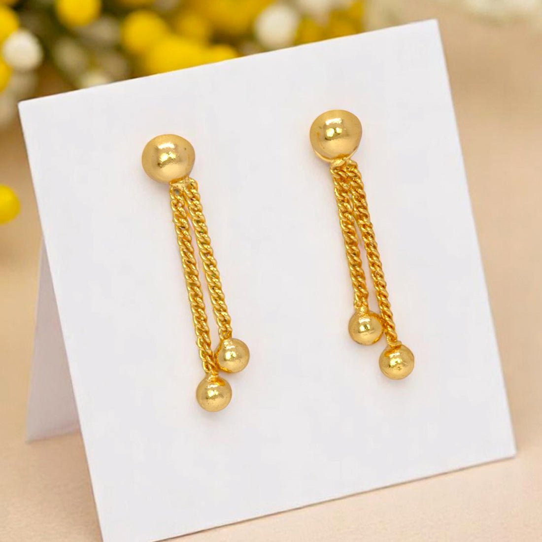 Designer Button Stud Box Chain Hanging Golden Drop Earrings - K Supreme