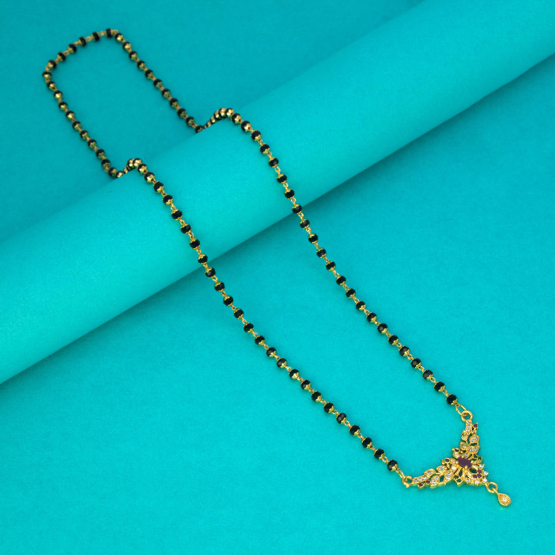 Designer Mangalsutra with Ruby Emerald Peacock Pendant