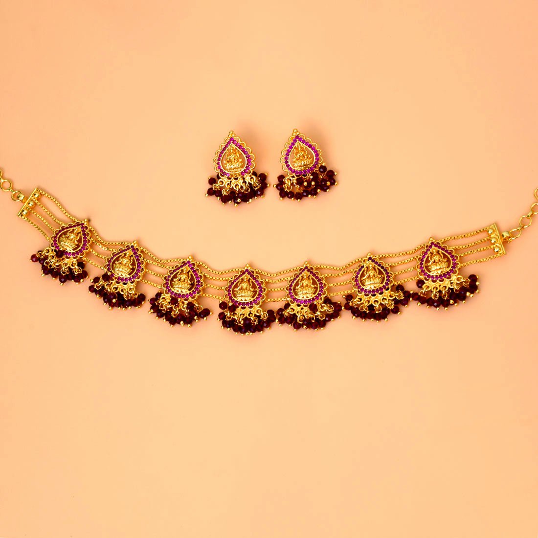 Divine Gold Plated Ruby Lakshmi Crystal Choker Necklace Set - K Supreme