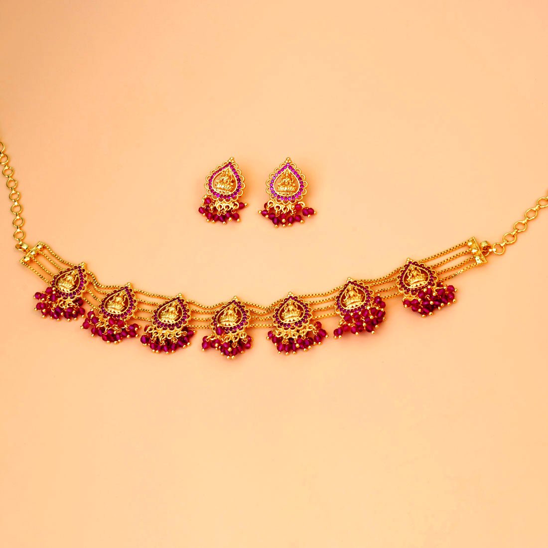 Divine Gold Plated Ruby Lakshmi Crystal Choker Necklace Set - K Supreme