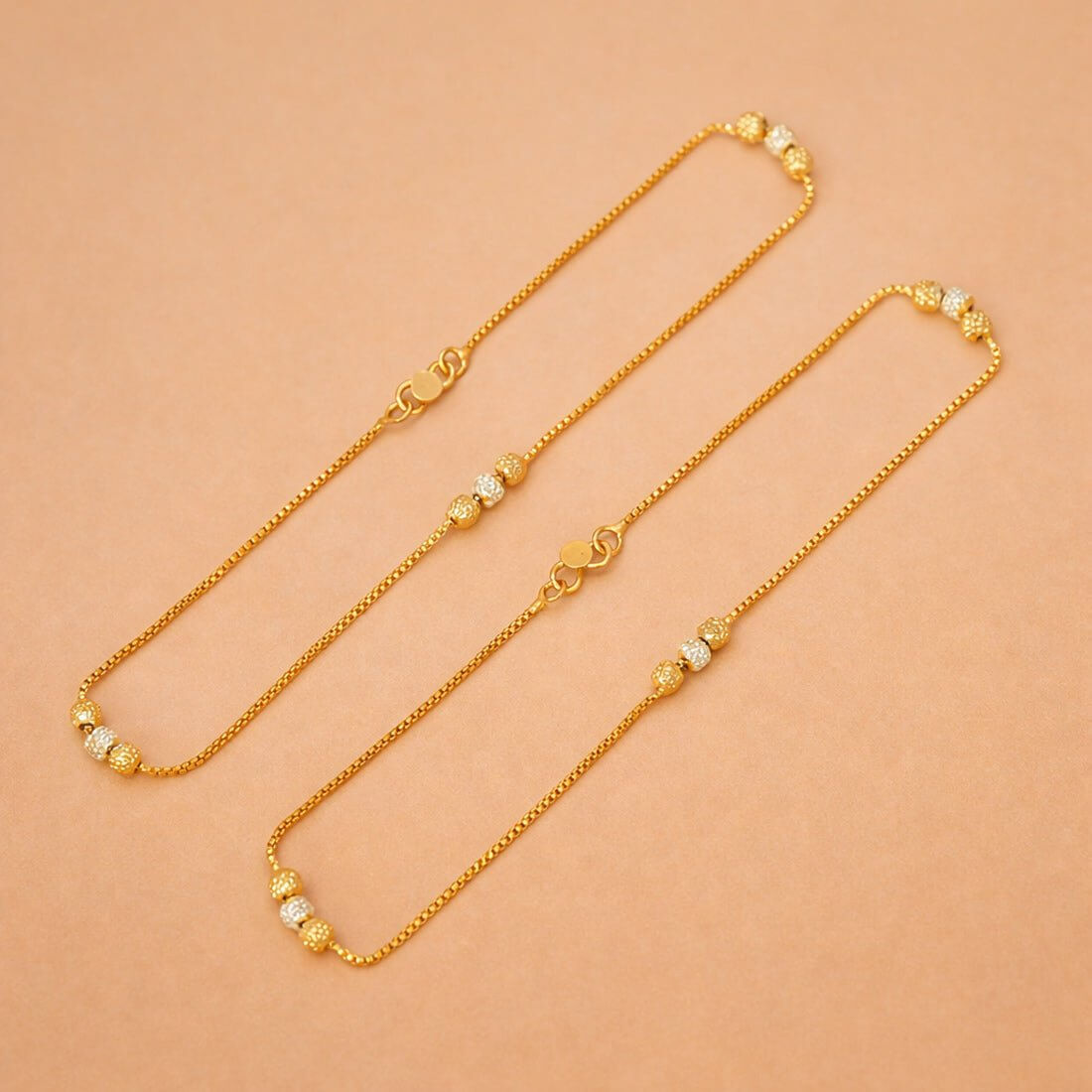 Dual Tone Triple Designer Beads Box Chain Anklets - K Supreme