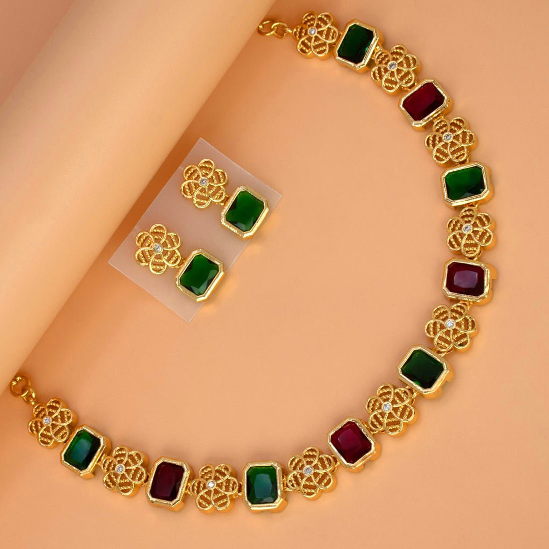 Elegant Antique Floral Square Stone Sufi Necklace Set - K Supreme