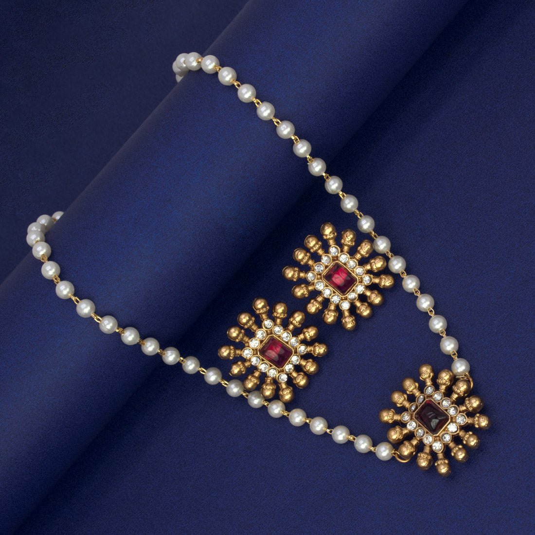 Elegant Antique Kemp Stone Pendant Pearl Choker Set - KSupreme