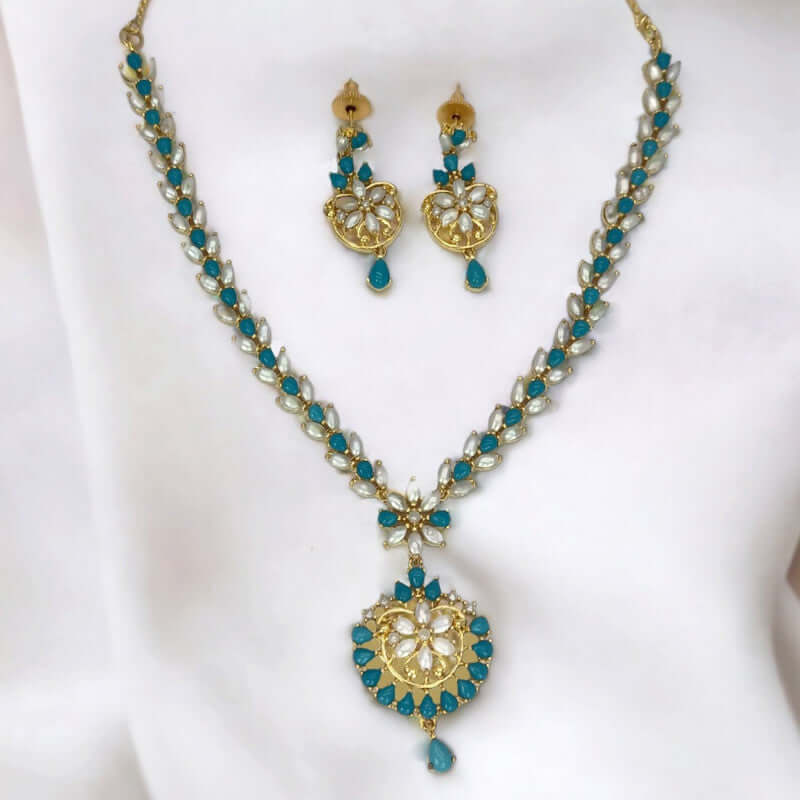 Elegant Gold Plated Blue and White Pearl Necklace Set - K Supreme