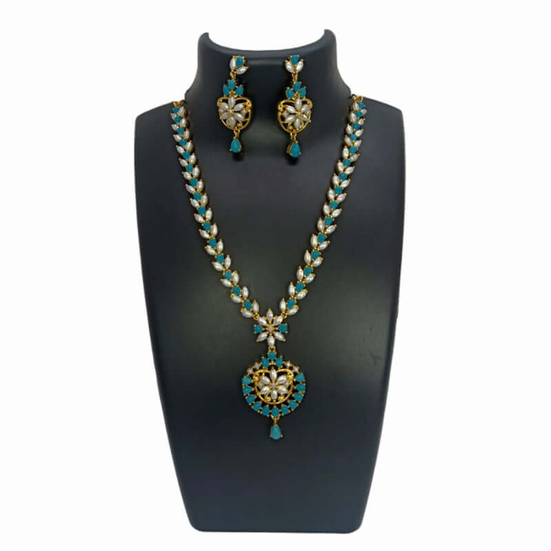 Elegant Gold Plated Blue and White Pearl Necklace Set - K Supreme