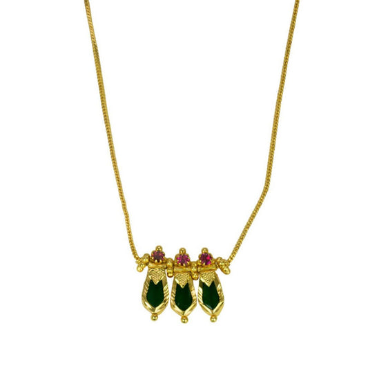 Elegant Gold Plated Green Nagapadam Pendant Necklace featuring three pendants adorned with rubies.