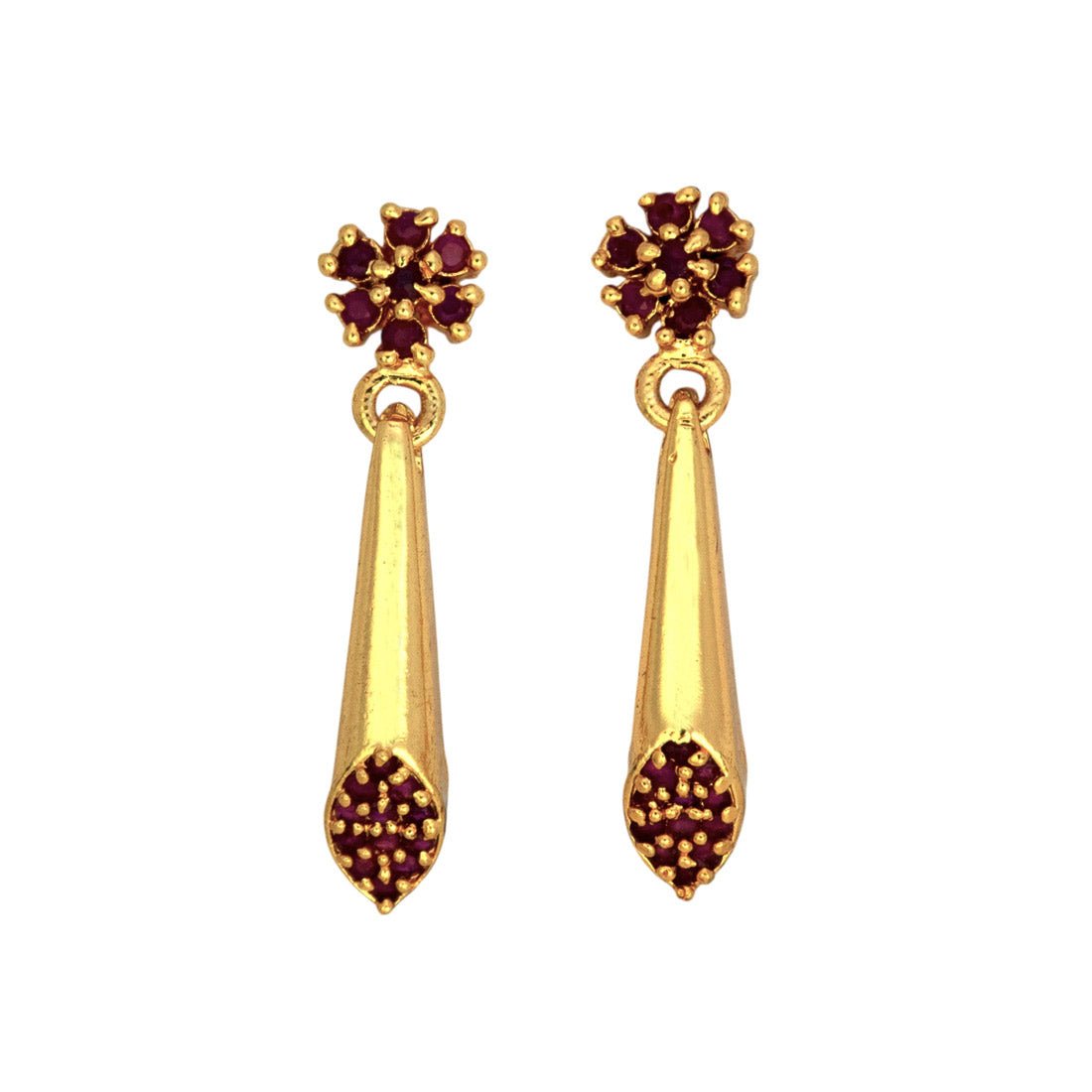 Elegant Gold Plated Ruby Floral Spike Drop Earrings - K Supreme