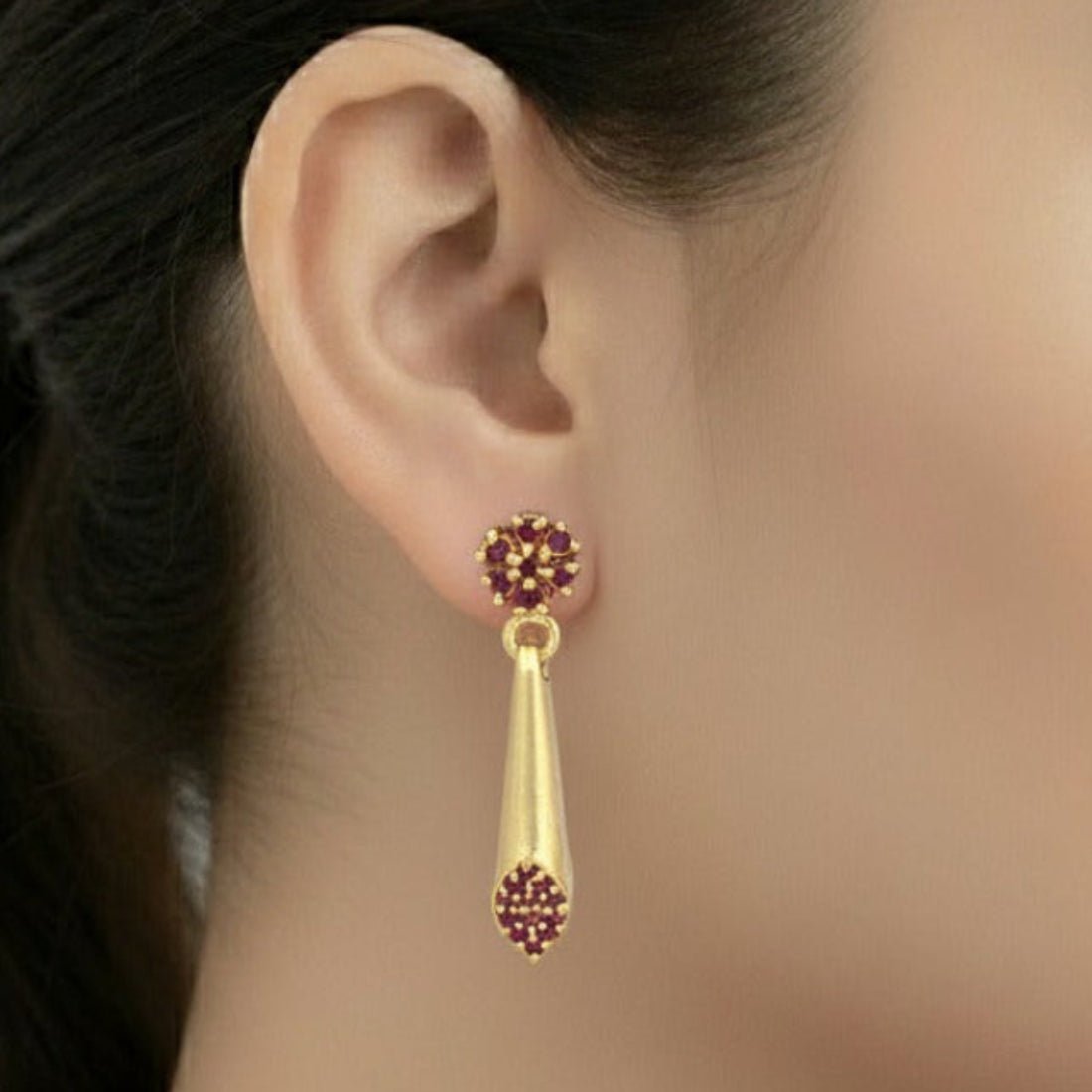 Elegant Gold Plated Ruby Floral Spike Drop Earrings - K Supreme