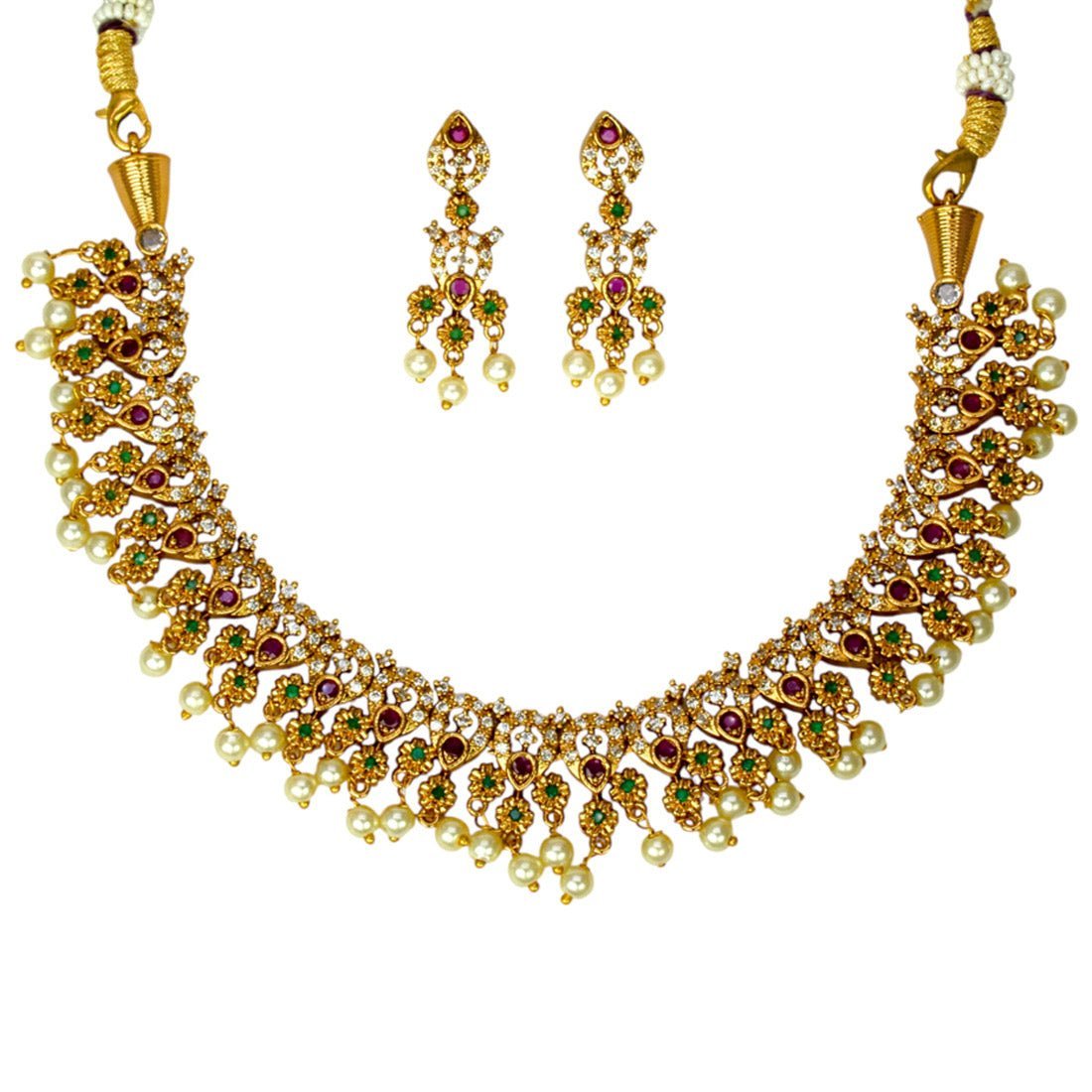 Elegant Multi Colour Stone Pearl Hanging Necklace Set - KSupreme