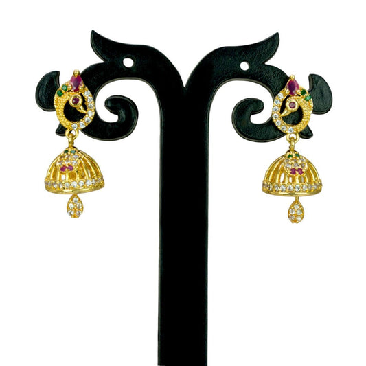 Expand Small Beautiful CZ Ruby Emerald Peacock Jhumka - KSupreme