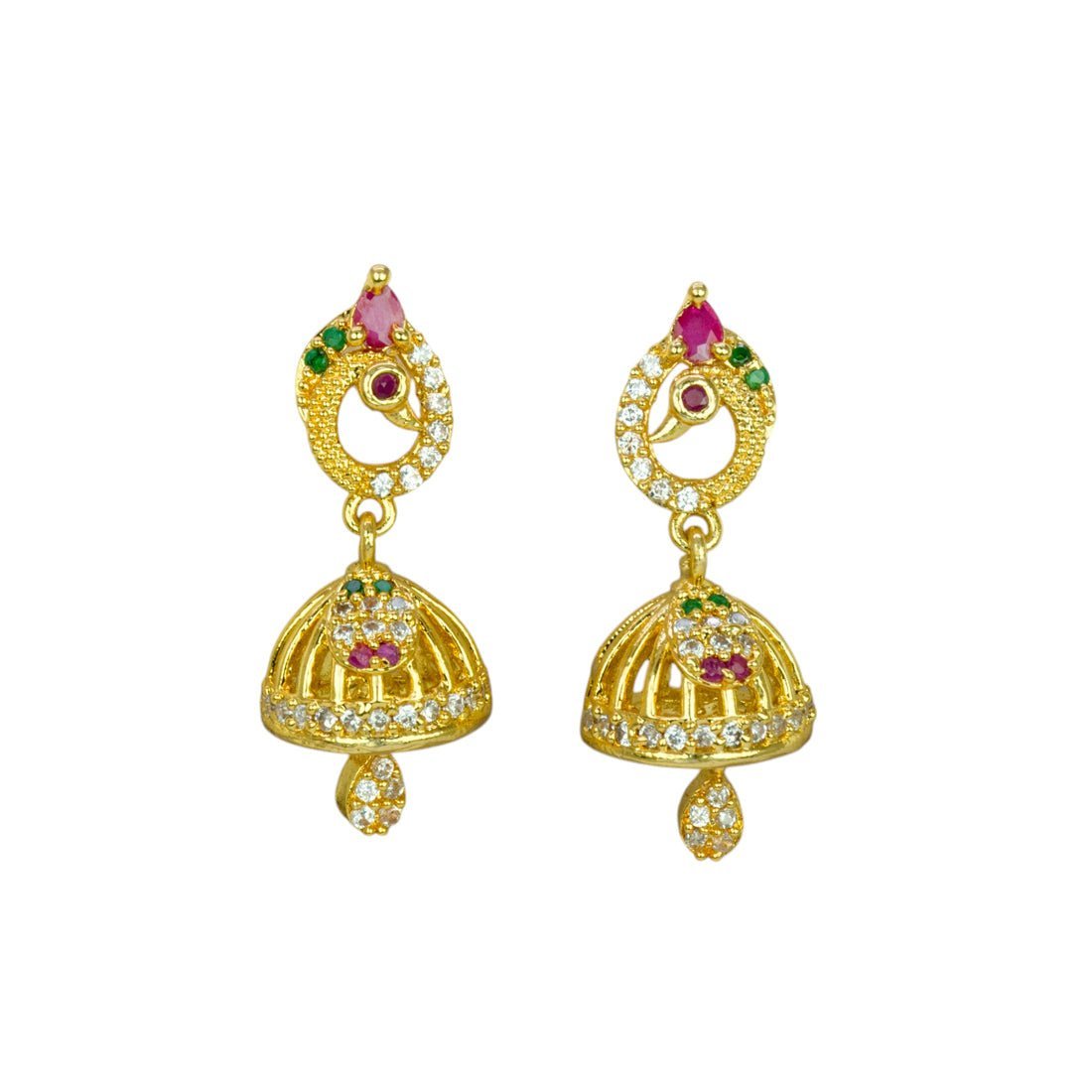 Expand Small Beautiful CZ Ruby Emerald Peacock Jhumka - KSupreme