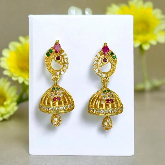 Expand Small Beautiful CZ Ruby Emerald Peacock Jhumka - KSupreme