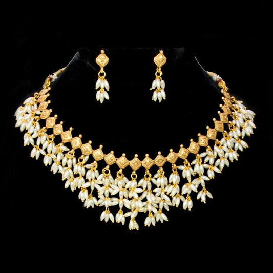 Exquisite Gold Plated Pearl Hanging Choker Necklace Set with dangling pearls and matching earrings.