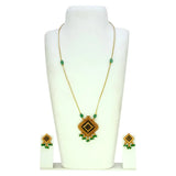 Fashion Invisible Chain Antique Green Stone Pendant Set displayed with matching earrings on a jewelry stand.