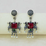 Fashion Oxidised Ruby Red Monalisa Stone Drops Earrings - K Supreme