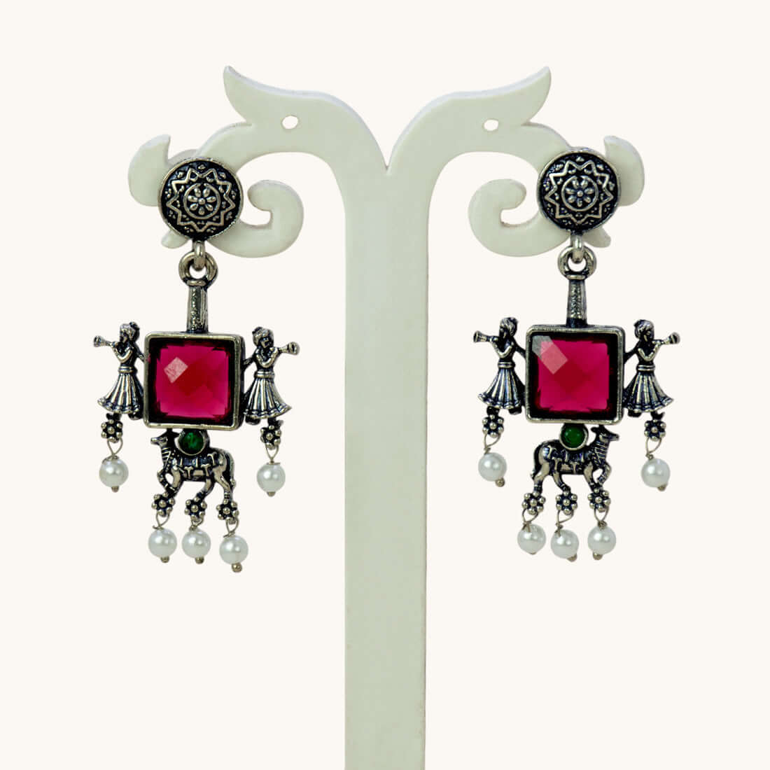 Fashion Oxidised Ruby Red Monalisa Stone Drops Earrings - K Supreme