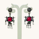 Fashion Oxidised Ruby Red Monalisa Stone Drops Earrings - K Supreme