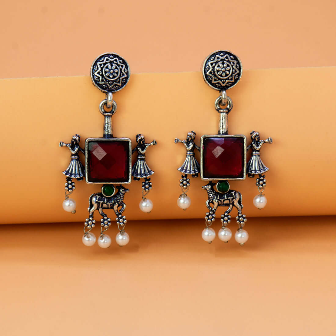 Fashion Oxidised Ruby Red Monalisa Stone Drops Earrings - K Supreme