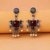 Fashion Oxidised Ruby Red Monalisa Stone Drops Earrings - K Supreme