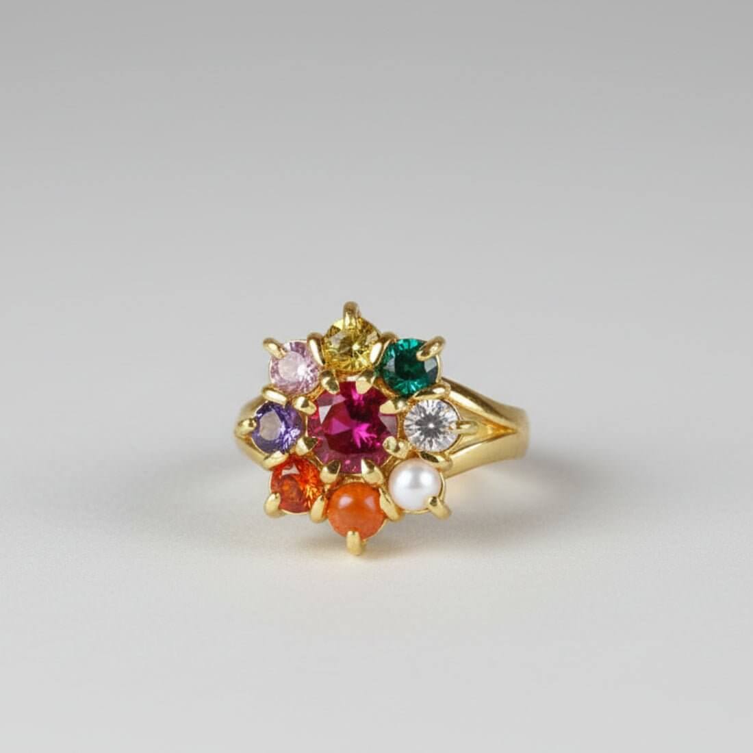 Floral Gold Plated Navratna Ladies Finger Ring - K Supreme