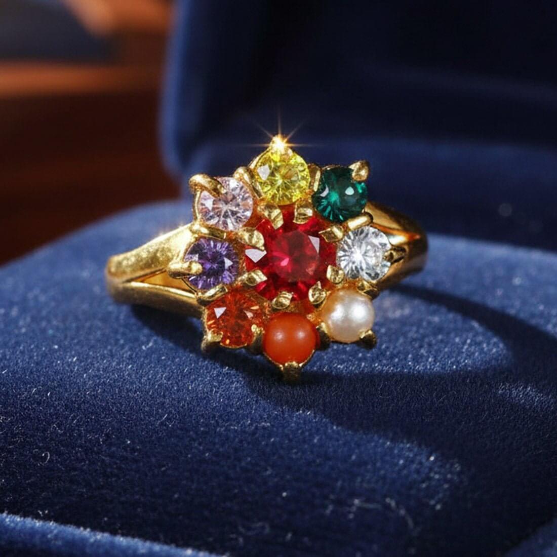 Floral Gold Plated Navratna Ladies Finger Ring - K Supreme