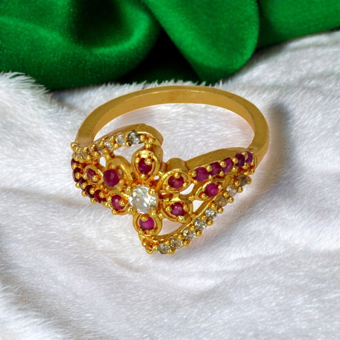 Floral Gold Plated Ruby CZ Stone Ladies Finger Ring - KSupreme