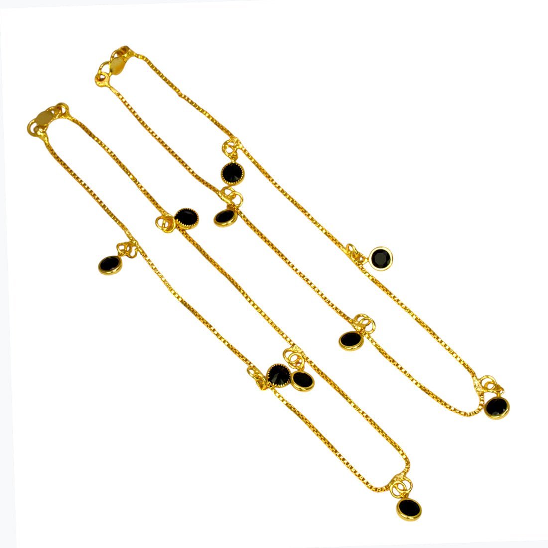 Gold Plated Black Crystal Hanging Box Chain Anklets - KSupreme