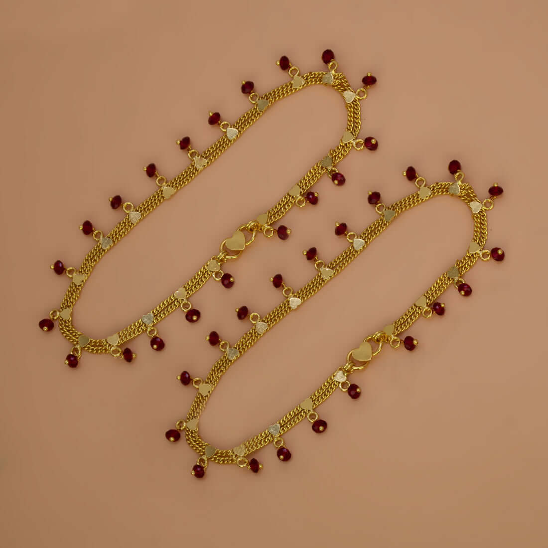 Gold Plated Double Curb Link Red Crystal Anklets - K Supreme
